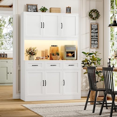 HOSTACK 72" Tall Kitchen Pantry Cabinet with Charging Station | Modern White Hutch with LED Lights, 47" W Storage for Di