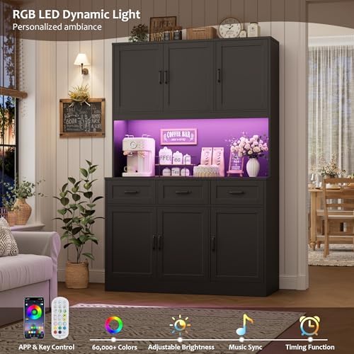 HOSTACK 72" Tall Kitchen Pantry Cabinet with Charging Station | Modern White Hutch with LED Lights, 47" W Storage for Di