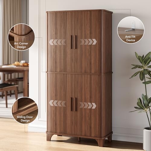 Modern 69" Tall Kitchen Pantry Storage Cabinet with Sliding Door - Stylish Walnut Cupboard with 5 Shelves for Kitchen, D