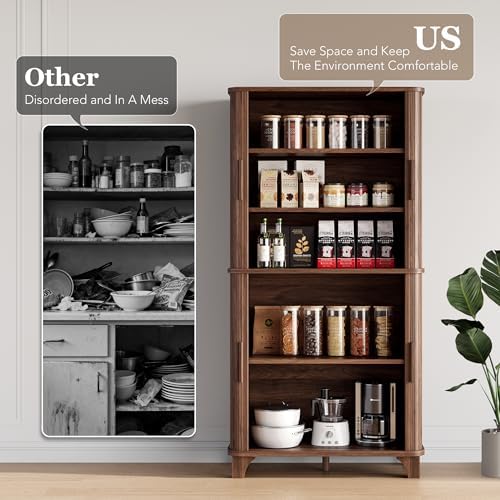 Modern 69" Tall Kitchen Pantry Storage Cabinet with Sliding Door - Stylish Walnut Cupboard with 5 Shelves for Kitchen, D