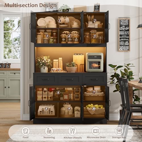 HOSTACK 72" Tall Kitchen Pantry Cabinet with Charging Station | Modern White Hutch with LED Lights, 47" W Storage for Di