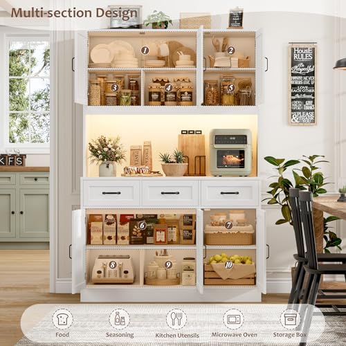 HOSTACK 72" Tall Kitchen Pantry Cabinet with Charging Station | Modern White Hutch with LED Lights, 47" W Storage for Di