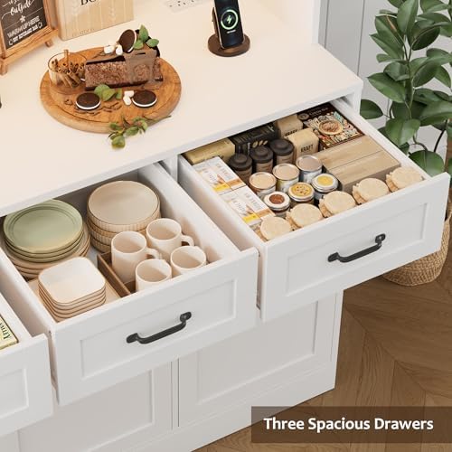 HOSTACK 72" Tall Kitchen Pantry Cabinet with Charging Station | Modern White Hutch with LED Lights, 47" W Storage for Di