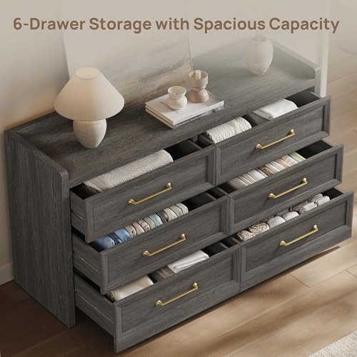 SICOTAS 6 Drawer Dresser - Extra-Wide 56.4" Wooden Chest with Large Storage for Bedroom & Living Room - Farmhouse Style