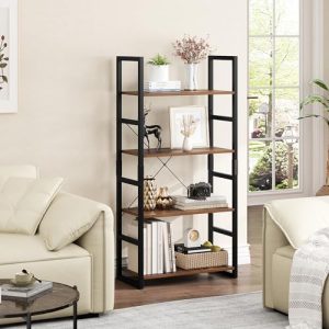 FINETONES Industrial 4-Tier Bookshelf | Metal & Wood Storage Unit for Home Office | Stylish Display Bookcase | Space-Sav