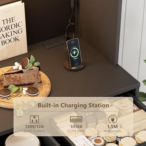 HOSTACK 72" Tall Kitchen Pantry Cabinet with Charging Station | Modern White Hutch with LED Lights, 47" W Storage for Di