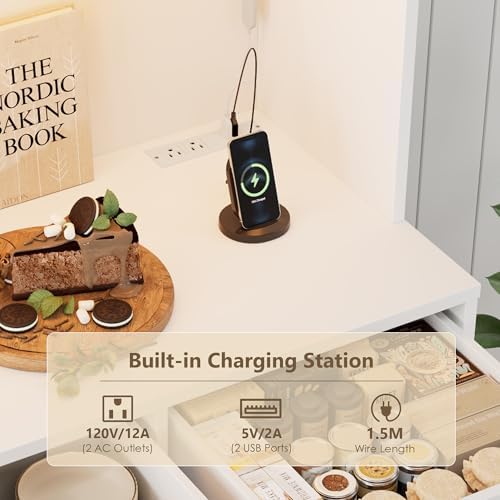 HOSTACK 72" Tall Kitchen Pantry Cabinet with Charging Station | Modern White Hutch with LED Lights, 47" W Storage for Di