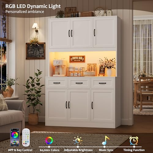 HOSTACK 72" Tall Kitchen Pantry Cabinet with Charging Station | Modern White Hutch with LED Lights, 47" W Storage for Di