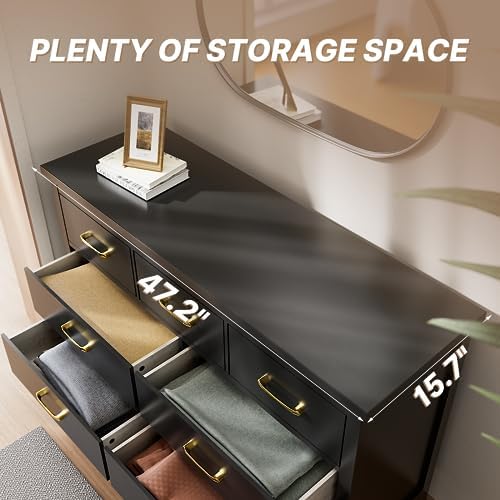 LYNSOM White Dresser for Bedroom - Modern 7-Drawer Storage Unit with Gold Handles, Multi-Functional TV Stand for Living